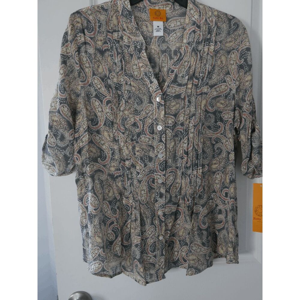 Ruby Rd V-neck 3/4 Sleeve button down shirt M #1683-B4 - Picture 4 of 9